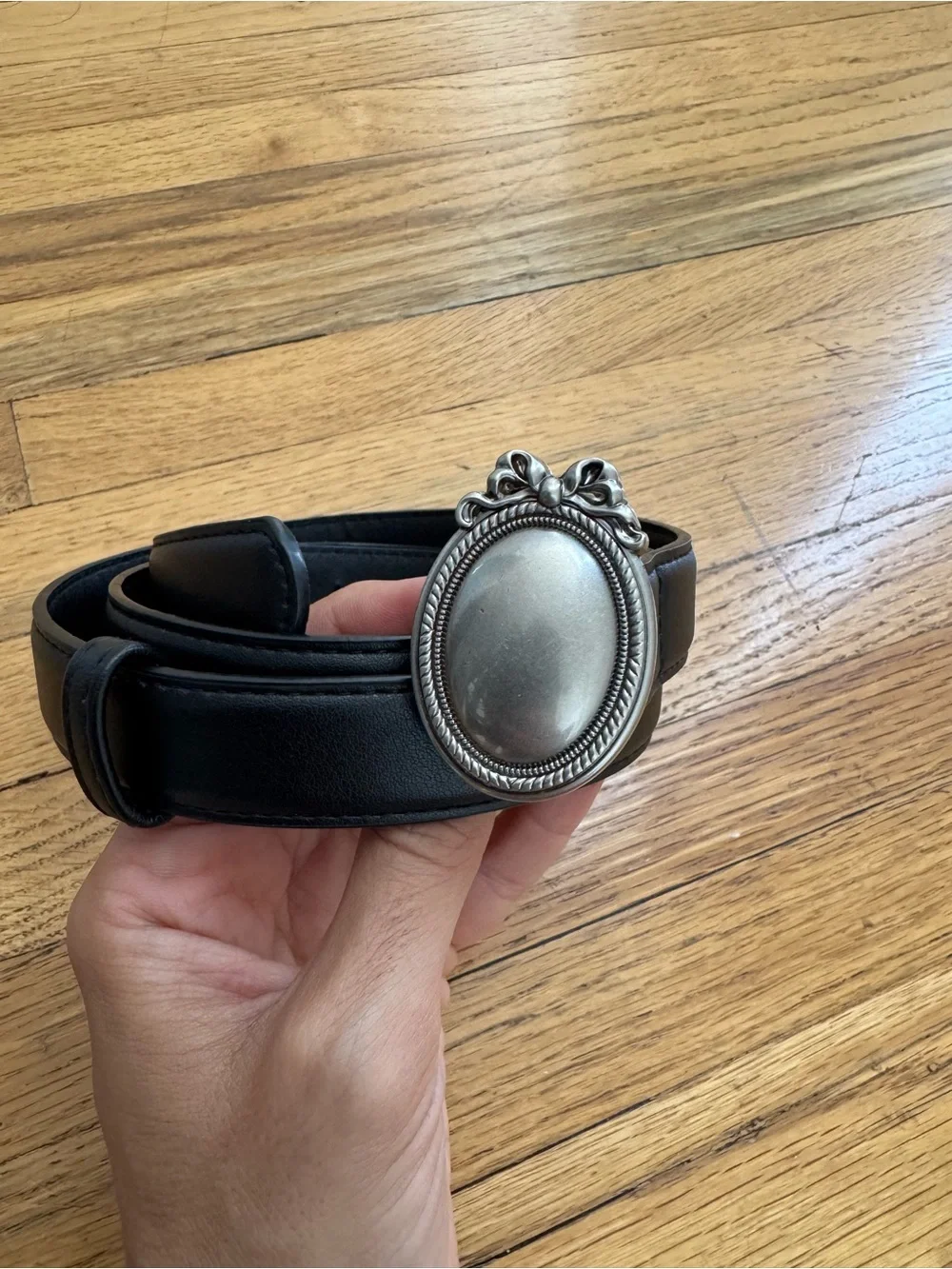 Vintage Black Belt with Silver Oval Bow Buckle